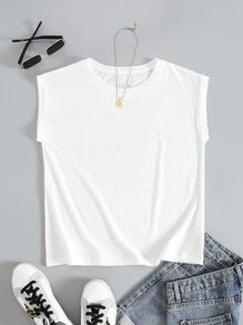 INAWLY Solid Round Neck Tank Top - White - View 1