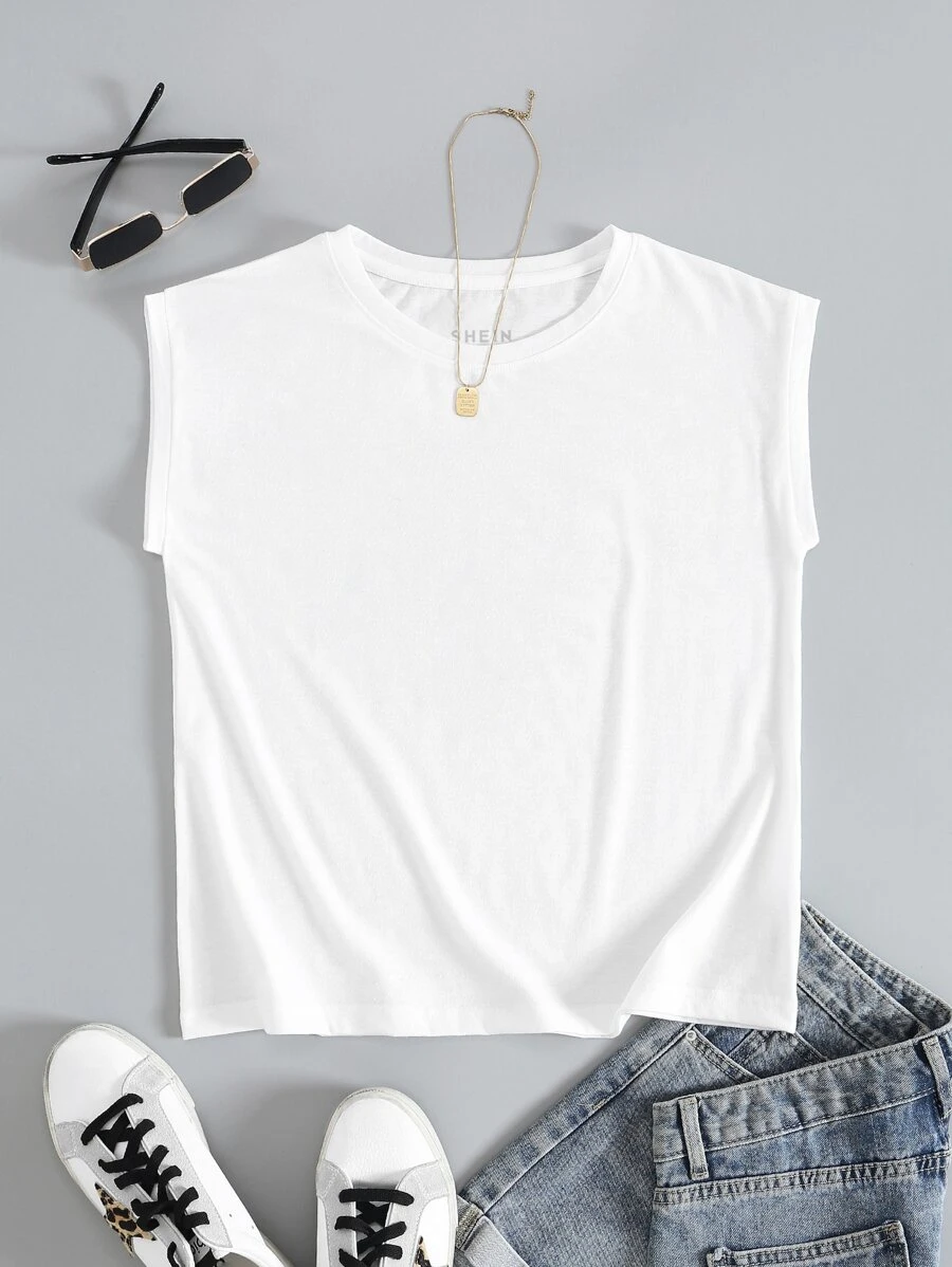INAWLY Solid Round Neck Tank Top - White - View 1