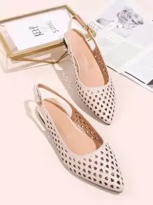 鏤空尖頭露跟平底鞋 - 杏色 - 查看 1