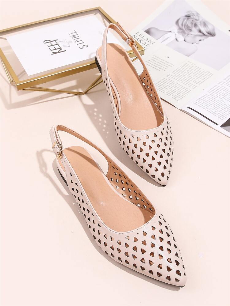 鏤空尖頭露跟平底鞋 - 杏色 - 查看 1