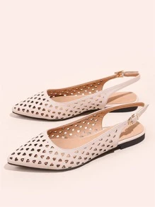 鏤空尖頭露跟平底鞋 - 杏色 - 查看 2