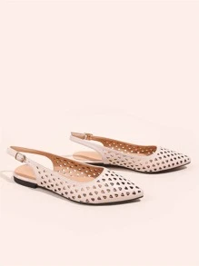 鏤空尖頭露跟平底鞋 - 杏色 - 查看 3