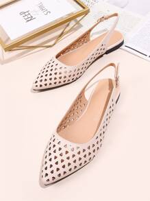 鏤空尖頭露跟平底鞋 - 杏色 - 查看 6