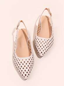 鏤空尖頭露跟平底鞋 - 杏色 - 查看 7