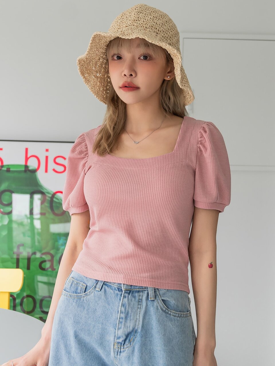 Puff Sleeve Square Neck Solid Color Summer Tee Cute Tops Crop Top
