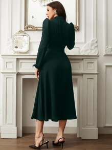 Modelyn Fuzzy Cuff Puff Sleeve Belted Dress - Dark Green - View 2