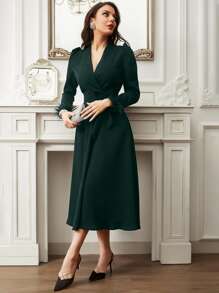 Modelyn Fuzzy Cuff Puff Sleeve Belted Dress - Dark Green - View 5