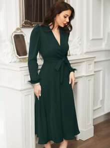 Modelyn Fuzzy Cuff Puff Sleeve Belted Dress - Dark Green - View 3