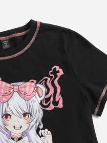 SHEIN Qutie Áo thun Plus size Con số Giải trí - màu đen - Xem 4