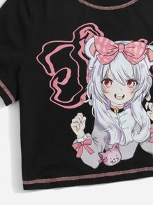 SHEIN Qutie Áo thun Plus size Con số Giải trí - màu đen - Xem 5