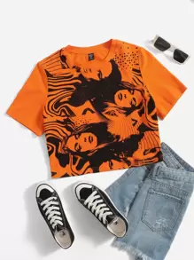 SHEIN EZwear 大碼人像圖案短款T恤 - 彩色 - 查看 1