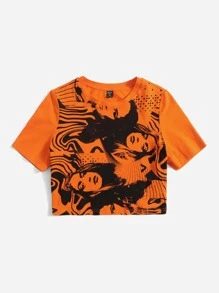 SHEIN EZwear 大碼人像圖案短款T恤 - 彩色 - 查看 5