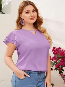 Reflora Plus Keyhole Neck Layered Flutter Sleeve Top - Lilac Purple - View 2