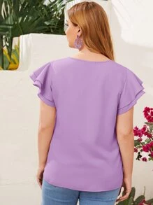Reflora Plus Keyhole Neck Layered Flutter Sleeve Top - Lilac Purple - View 3
