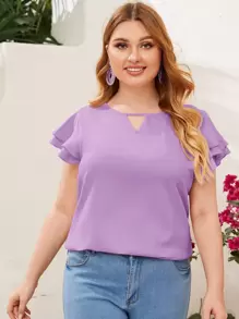 Reflora Plus Keyhole Neck Layered Flutter Sleeve Top - Lilac Purple - View 5