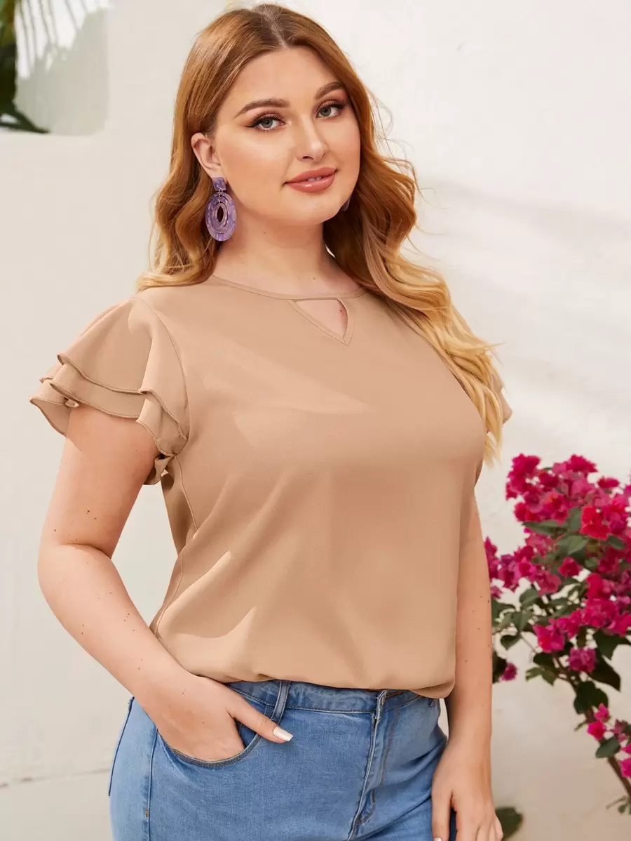 SHEIN Clasi Plus Keyhole Neck Layered Flutter Sleeve Top - Khaki - View 1