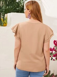 SHEIN Clasi Plus Keyhole Neck Layered Flutter Sleeve Top - Khaki - View 2