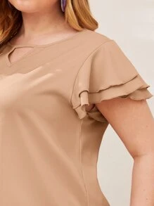 SHEIN Clasi Plus Keyhole Neck Layered Flutter Sleeve Top - Khaki - View 3