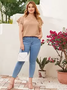 SHEIN Clasi Plus Keyhole Neck Layered Flutter Sleeve Top - Khaki - View 5