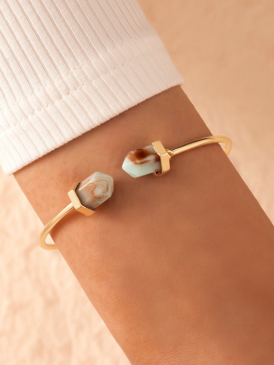 1 chiếc vòng tay mở hình lục giác màu ngọc lam tối giản theo phong cách Bohemian thời trang dành cho phụ nữ (Do nhuộm nhân tạo, lô màu có thể thay đổi) - Vàng - Xem 1