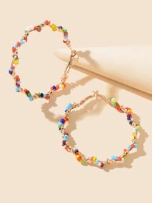 珠子裝飾圓耳環 - 金黃色 - 查看 1