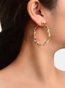 珠子裝飾圓耳環 - 金黃色 - 查看 2