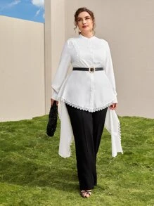 SHEIN Plus Lace Trim Button Front Draped Peplum Blouse Without Belt - White - View 2