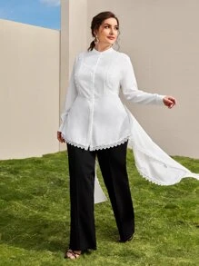 SHEIN Plus Lace Trim Button Front Draped Peplum Blouse Without Belt - White - View 3