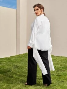 SHEIN Plus Lace Trim Button Front Draped Peplum Blouse Without Belt - White - View 4