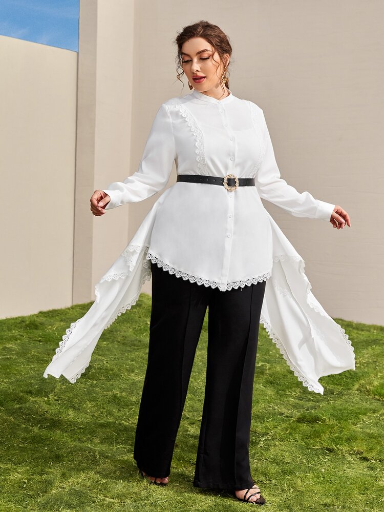 Blusa peplum ribete con encaje con botón delantero con fruncido sin cinturón - Blanco - Añade 1