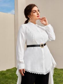 SHEIN Plus Lace Trim Button Front Draped Peplum Blouse Without Belt - White - View 5