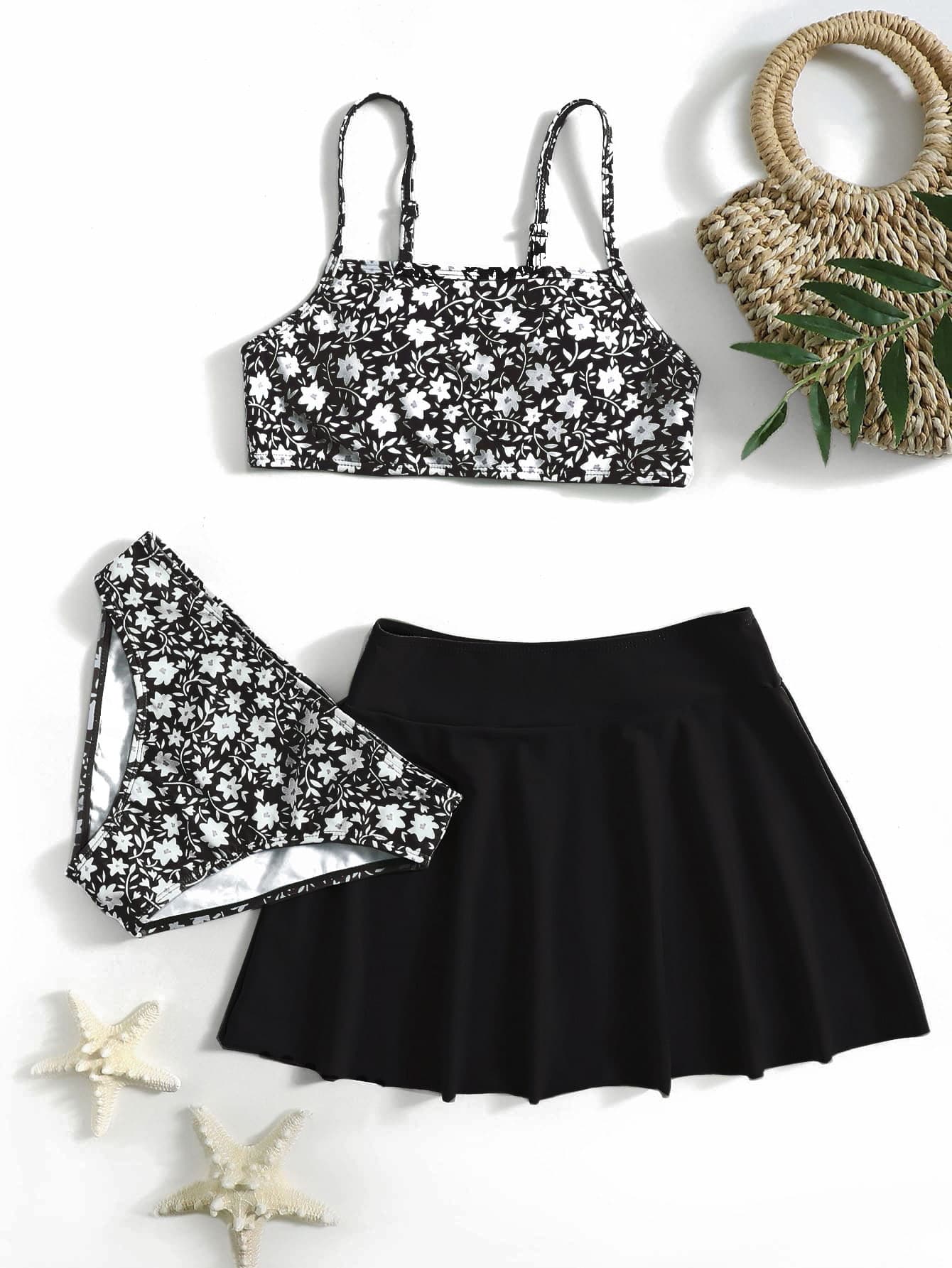 3 件装 少女花卉印花比基尼套装和沙滩裙 夏日海滩