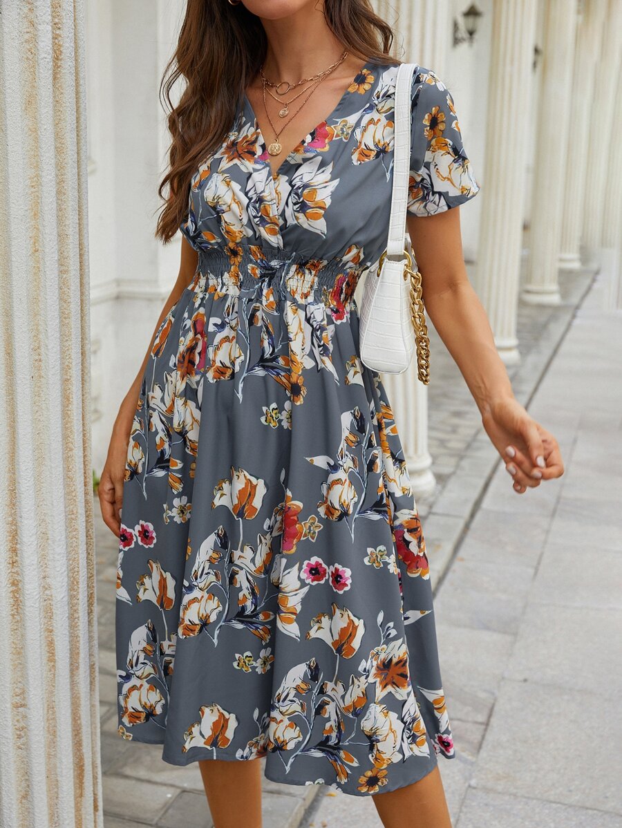 SHEIN Clasi Allover Floral Print Shirred Dress - Multicolor - View 1