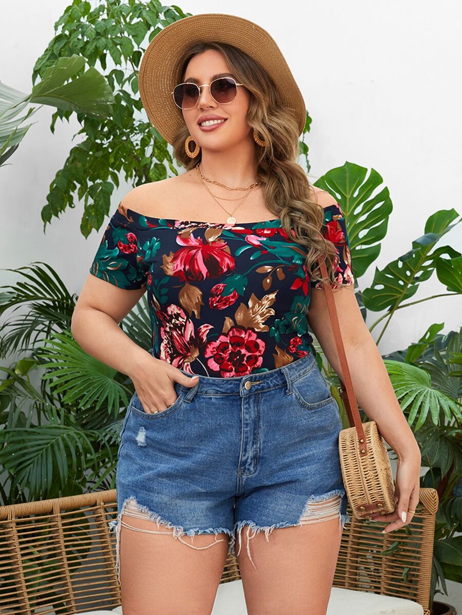 SHEIN VCAY Áo thun Plus size Hoa Giải trí - Nhiều màu - Xem 1