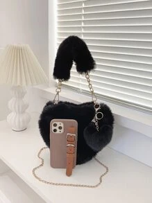 1 chiếc túi xách hình trái tim màu trơn, chất liệu nhung mềm mại, thời trang, thoải mái, có dây đeo vai điều chỉnh được và mặt dây chuyền nhỏ, thích hợp làm quà tặng ngày Valentine mùa thu/đông. - màu đen - Xem 4