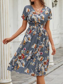 SHEIN Clasi Allover Floral Print Shirred Dress - Multicolor - View 3