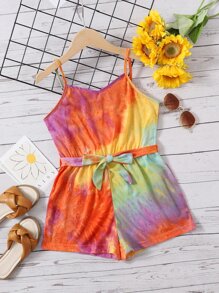 SHEIN 女孩紮染腰帶吊帶連體短褲 - 彩色 - 查看 1