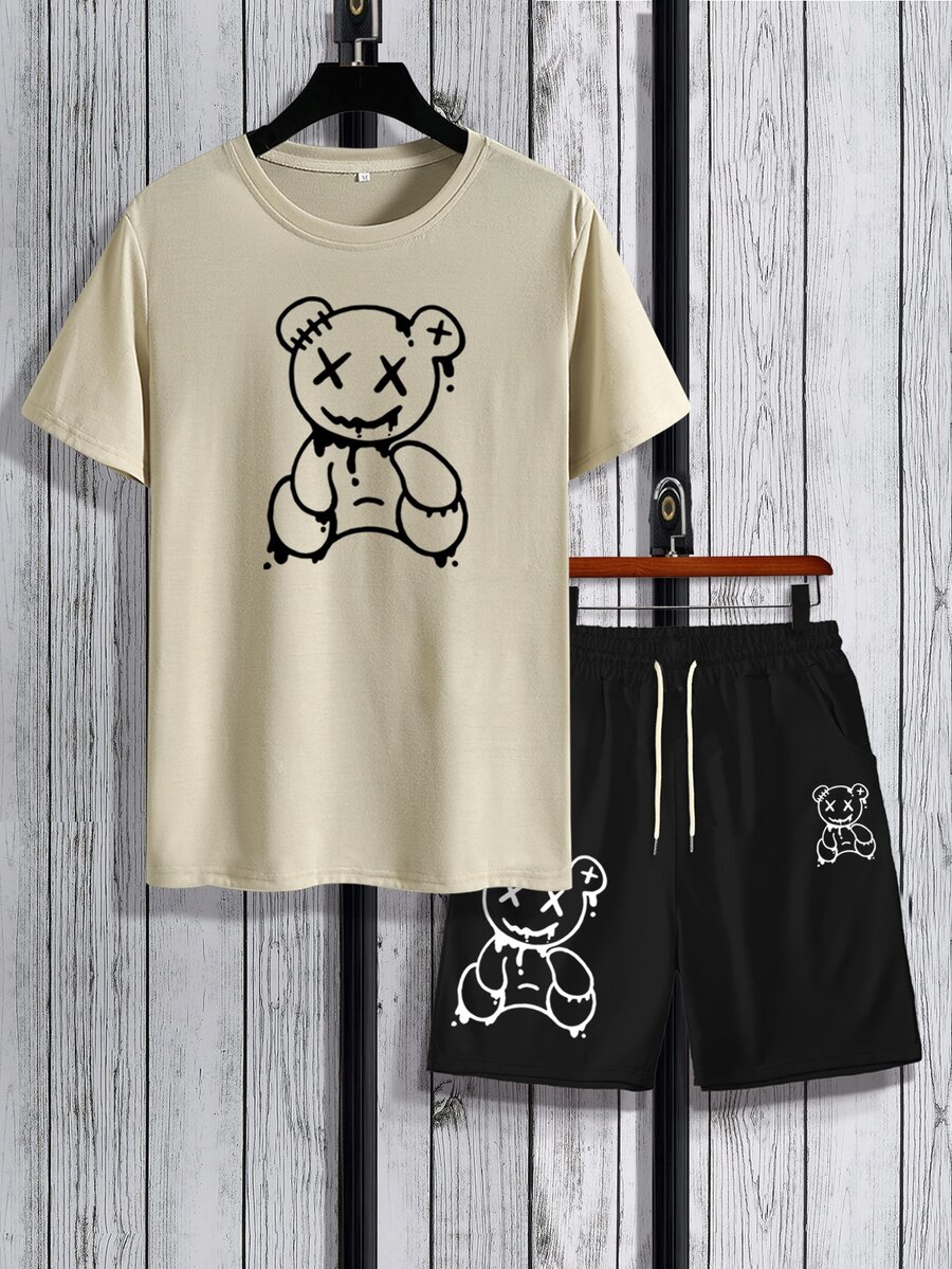 Manfinity Hypemode Camiseta con estampado de oso con shorts de cintura con cordón - Multicolor - Ver 1