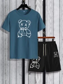 Manfinity Hypemode Men Bear Print Tee & Drawstring Waist Shorts - Multicolor - View 1