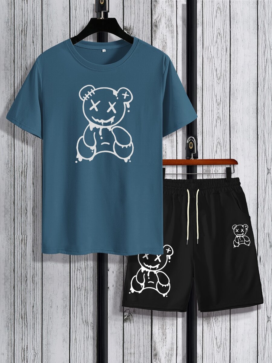 Manfinity Hypemode Men Bear Print Tee & Drawstring Waist Shorts - Multicolor - View 1