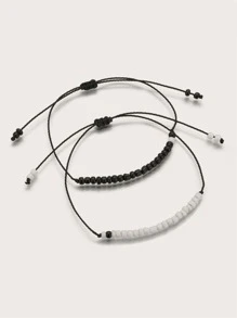 2pcs Beaded String Morse Code Bracelet - Multicolor - View 2