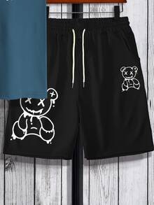 Manfinity Hypemode Men Bear Print Tee & Drawstring Waist Shorts - Multicolor - View 4