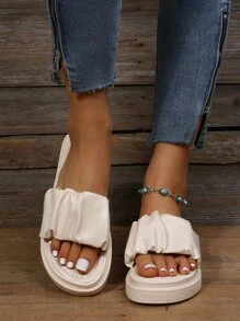 Single Band Ruched Flatform Slide Sandals - Beige - View 2