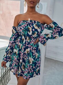 Floral Print Off Shoulder Gathered Sleeve Dress - Multicolor - View 1