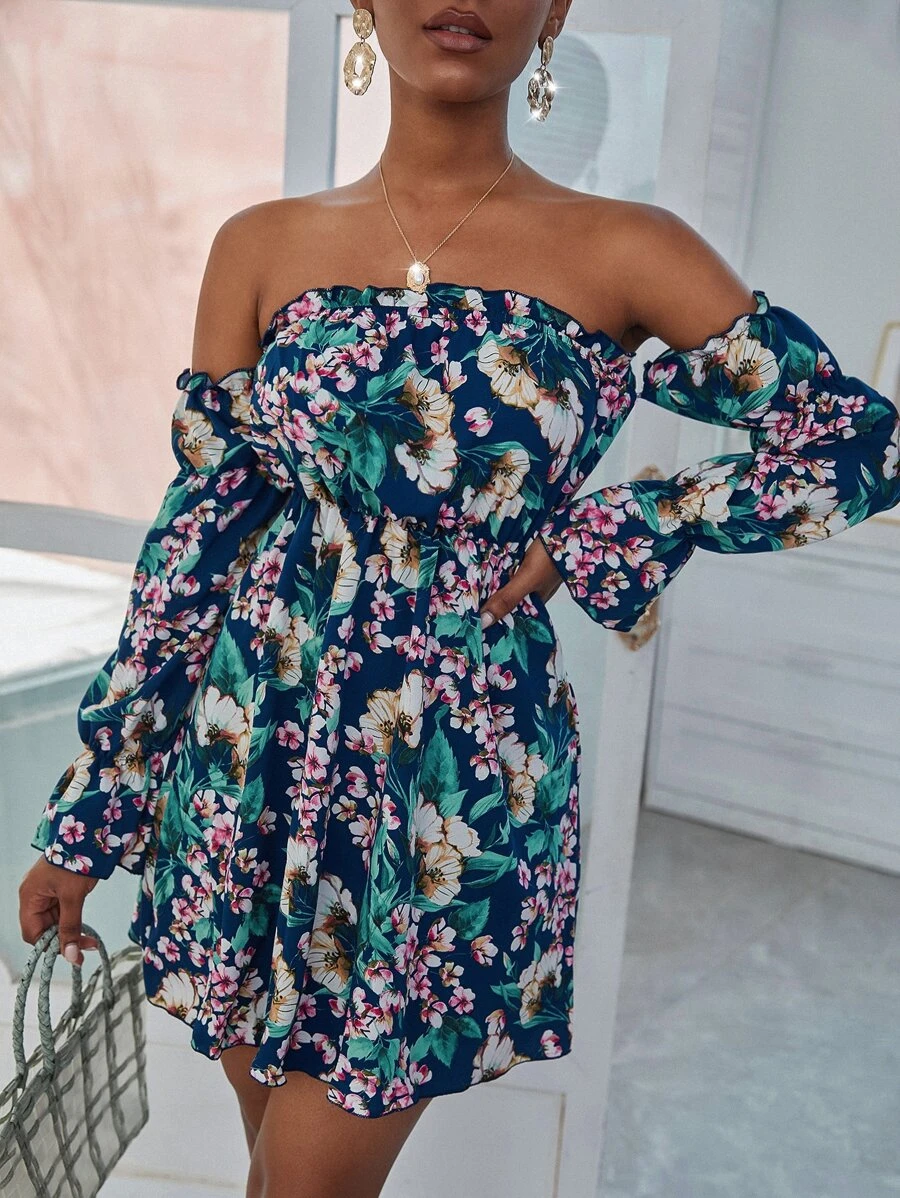 Floral Print Off Shoulder Gathered Sleeve Dress - Multicolor - View 1