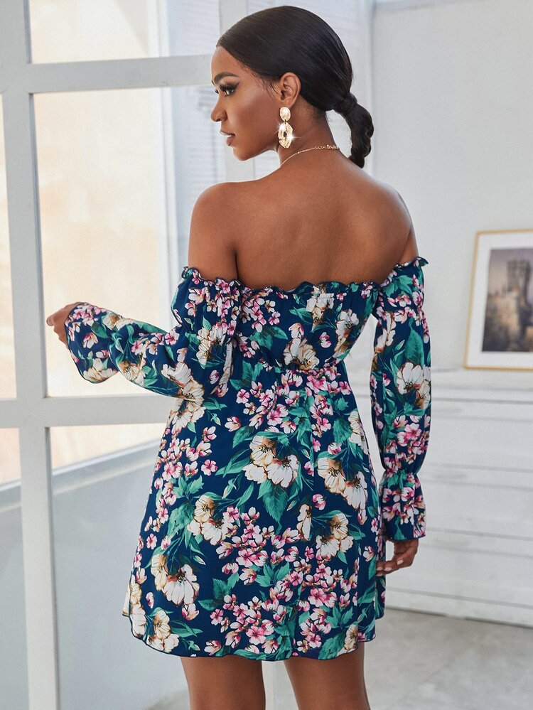 Floral Print Off Shoulder Gathered Sleeve Dress - Multicolor - View 2