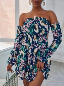 Floral Print Off Shoulder Gathered Sleeve Dress - Multicolor - View 5