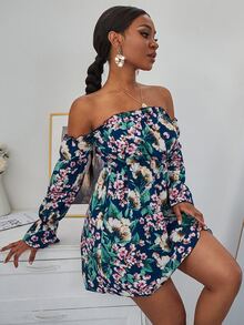 Floral Print Off Shoulder Gathered Sleeve Dress - Multicolor - View 6