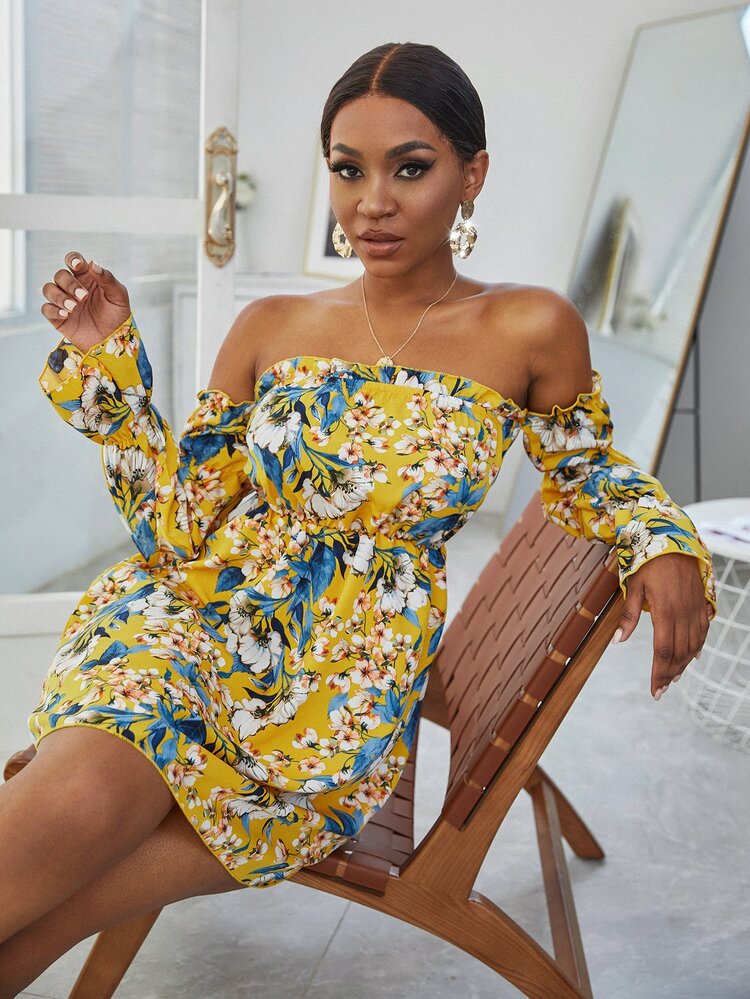 Floral Print Off Shoulder Gathered Sleeve Dress - Multicolor - View 6