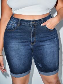 Flexra Plus Bleach Wash Roll Hem Denim Shorts - Dark Wash - View 1